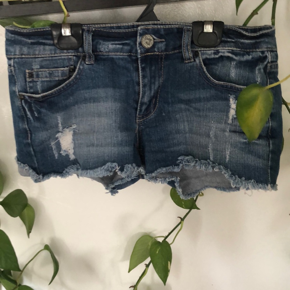 Indigo Rein Blue Jean Shorts Distressed Frayed Hem